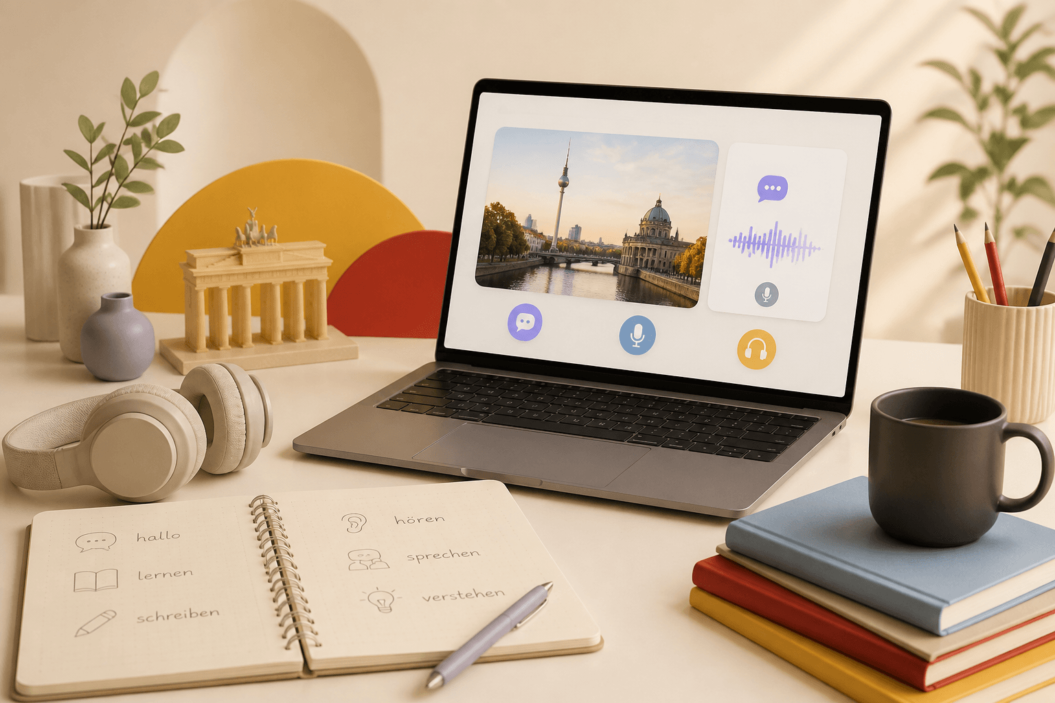 A workspace for learning German online with a laptop, headphones, and a notebook